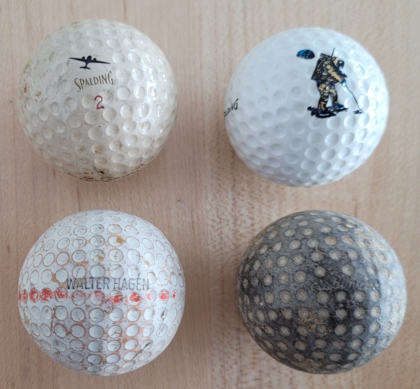 4 Antique Vintage Golf Balls Walter Hagen Speed Flo Moon Airplane Espinosa