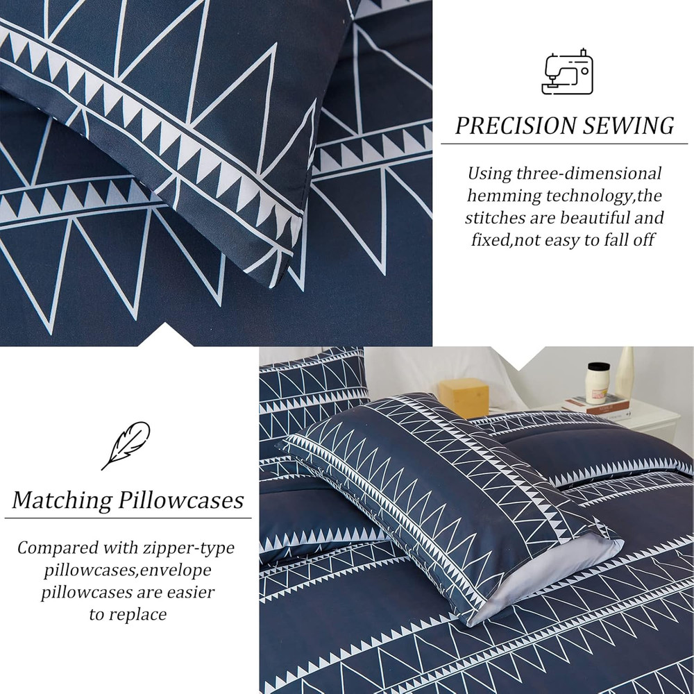 Navy Blue Comforter Set Queen, Reversible Boho Triangle down Alternative Comfort