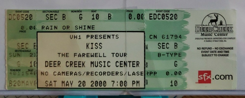 KISS Concert Full Ticket May 20 2000 FAREWELL TOUR Deer Creek Music Center VH1