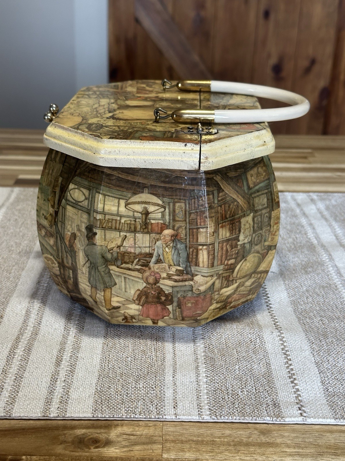 Anton Pieck Wooden Octagon Box Purse w/ Handle 9.5"×6" Vintage