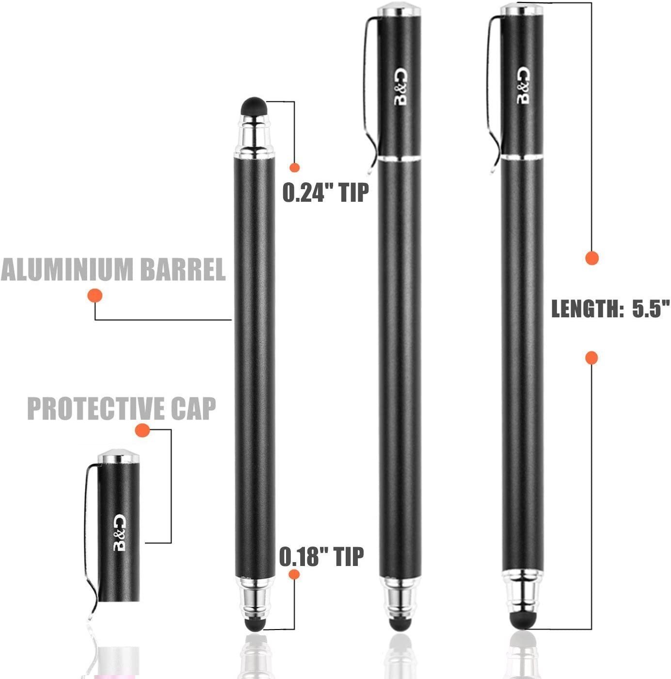2-in-1 Universal Capacitive Stylus/styli 5.5" L with 20 Pcs Replacement Rubber