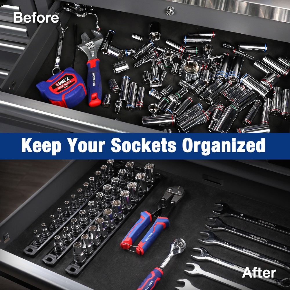 WORKPRO 3/8'' Dr Magnetic Socket Organizer (no Socket)Aluminum Alloy Socket Rail