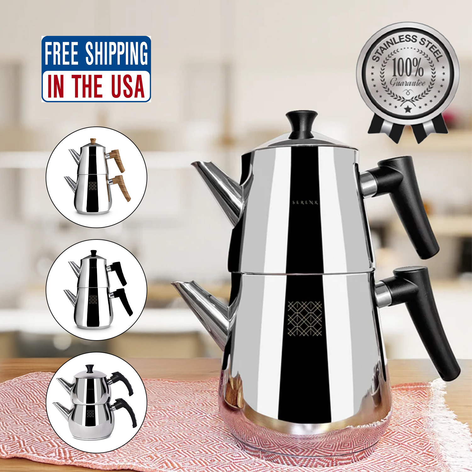 Turkish Tea Pot Set 18/10 Stainless Steel, Rapid Boil Stove Top Tea Kettle