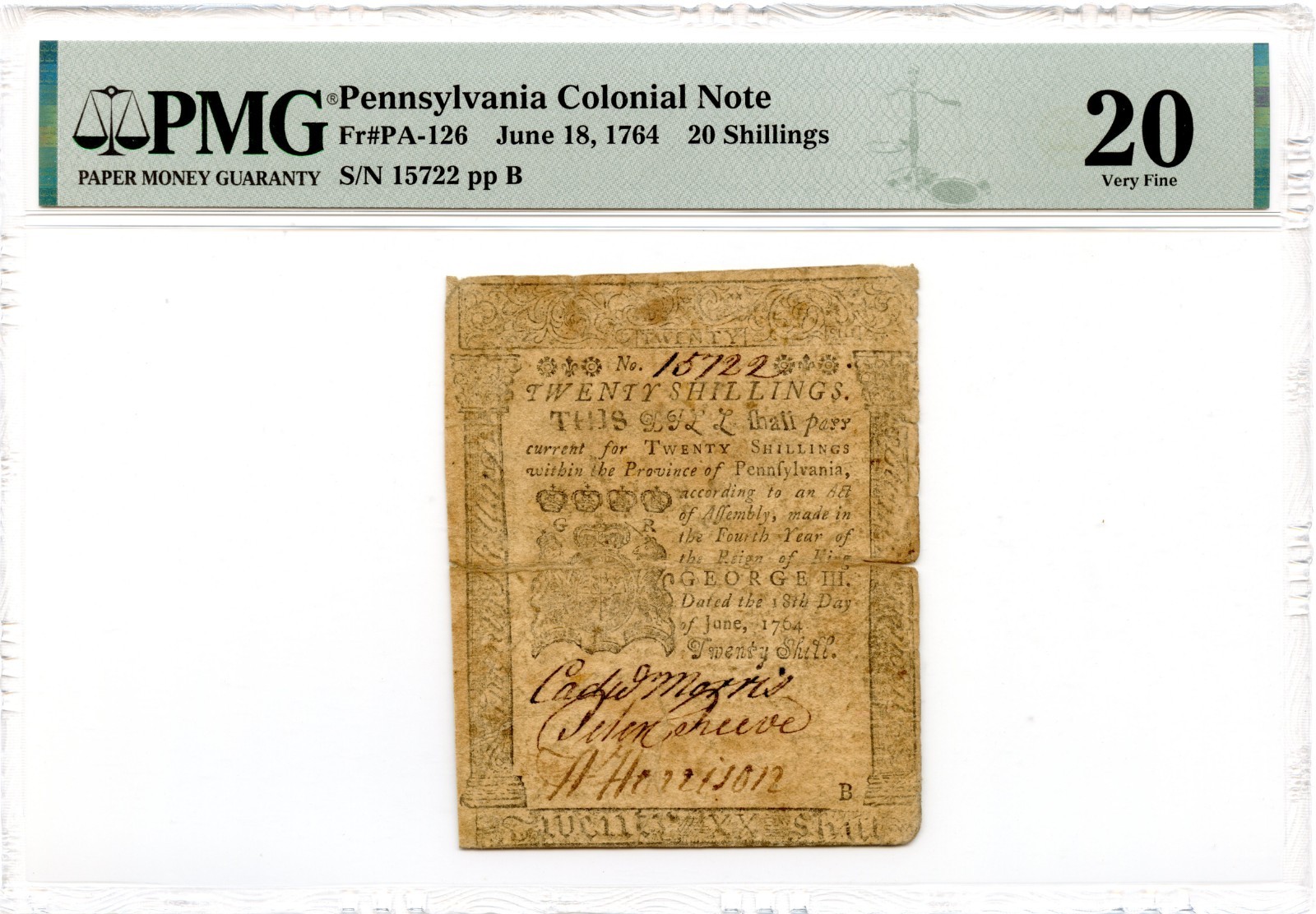 Pennsylvania Colonial Note Fr#PA-126 June 18, 1764 20s PMG VF-20 *Ben Franklin*