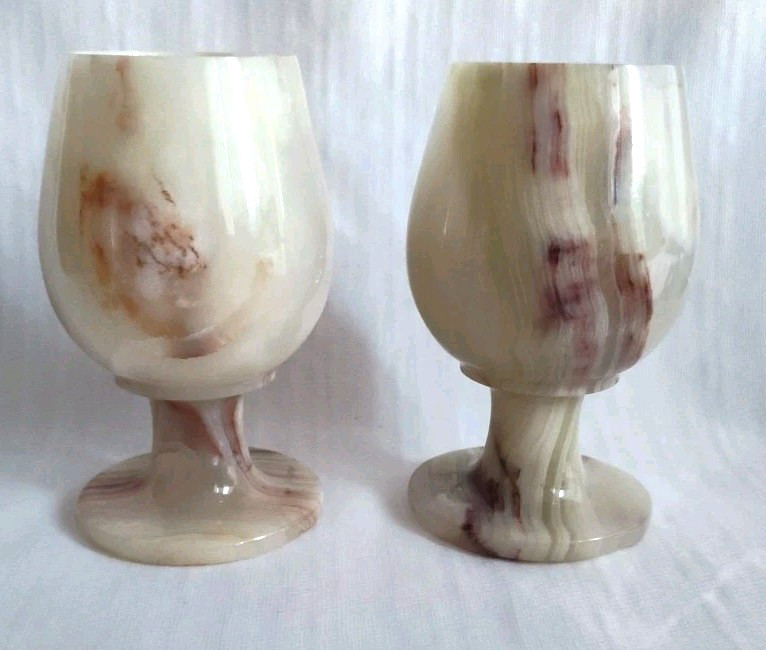 6 Polished Onyx Marble Stemmed Natural Stone 5" Wine Sherry Goblets Chalice Case