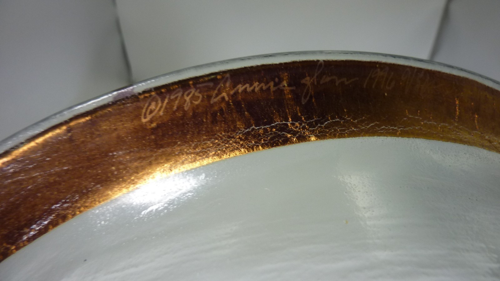 Large Annie Glass Round Serving Bowl Gold Rim 14” Signed 1996