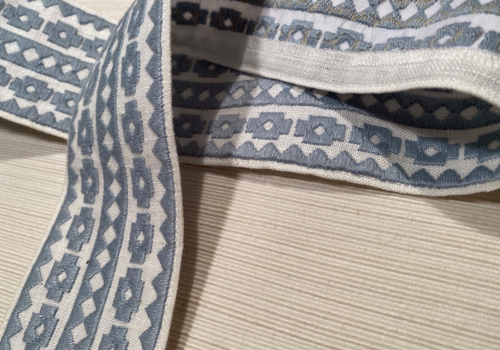 SCHUMACHER 79920 Talitha Tape Sky 85% Linen Embroidered Passementerie Trim BTY