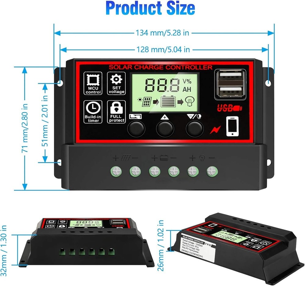 Upgraded] 30A Solar Charge Controller, Black Solar Panel Battery Intelligent ...