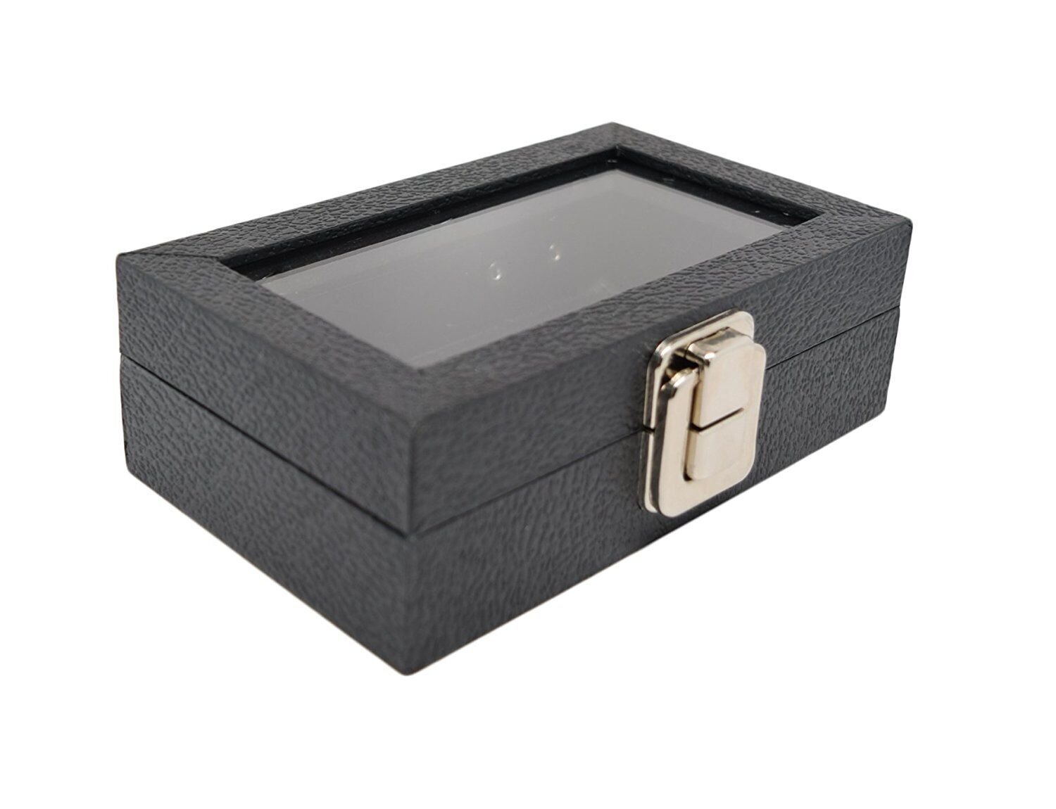 Novel Box Glass Top Black Leatherette Metal Clasp Jewelry Gem Display Case