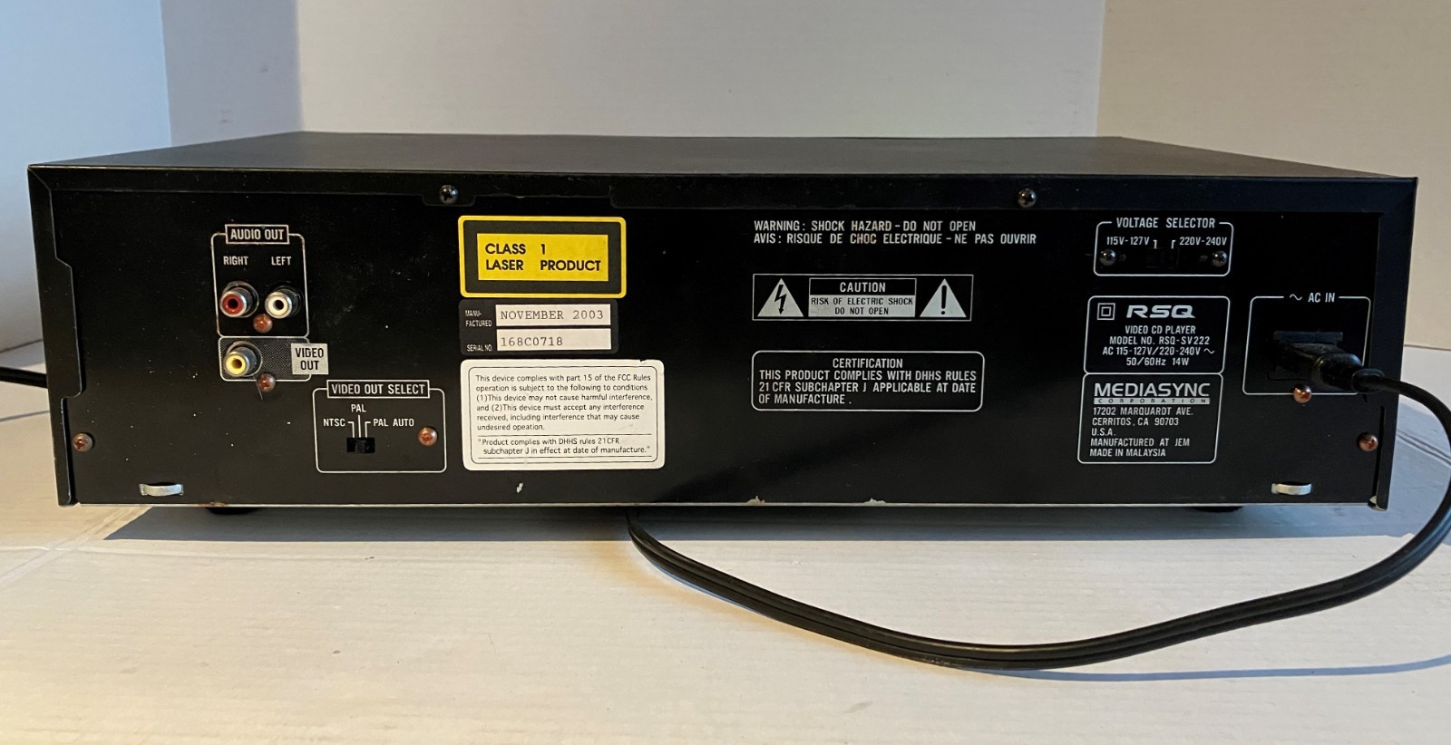 RSQ-SV222 Video CD VCD Karaoke Player With Power Cord No Remote