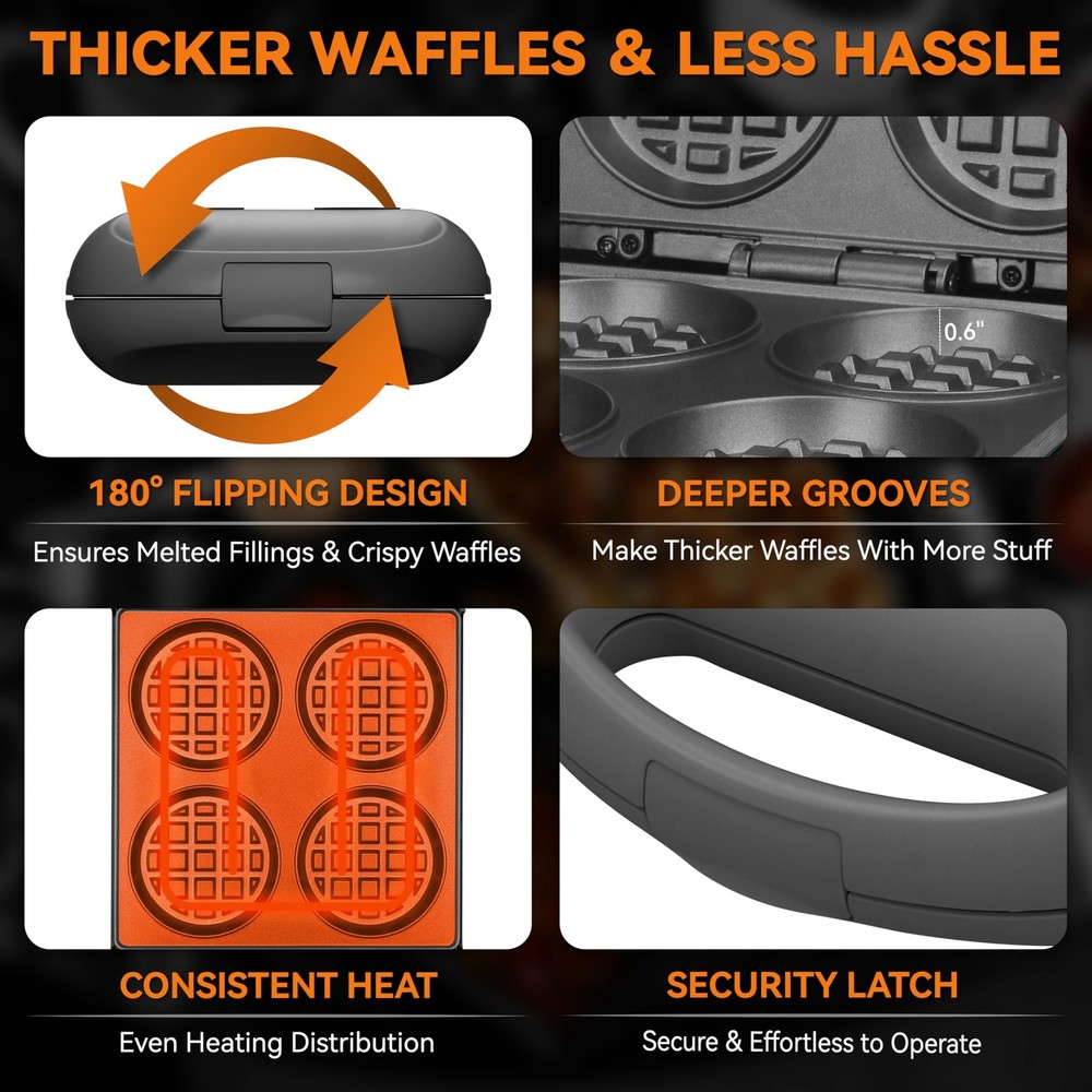Multi Stuffed Waffle Maker Thick, 4-Slice with 1.2'' Thick & 4'' Dia, Belgian...