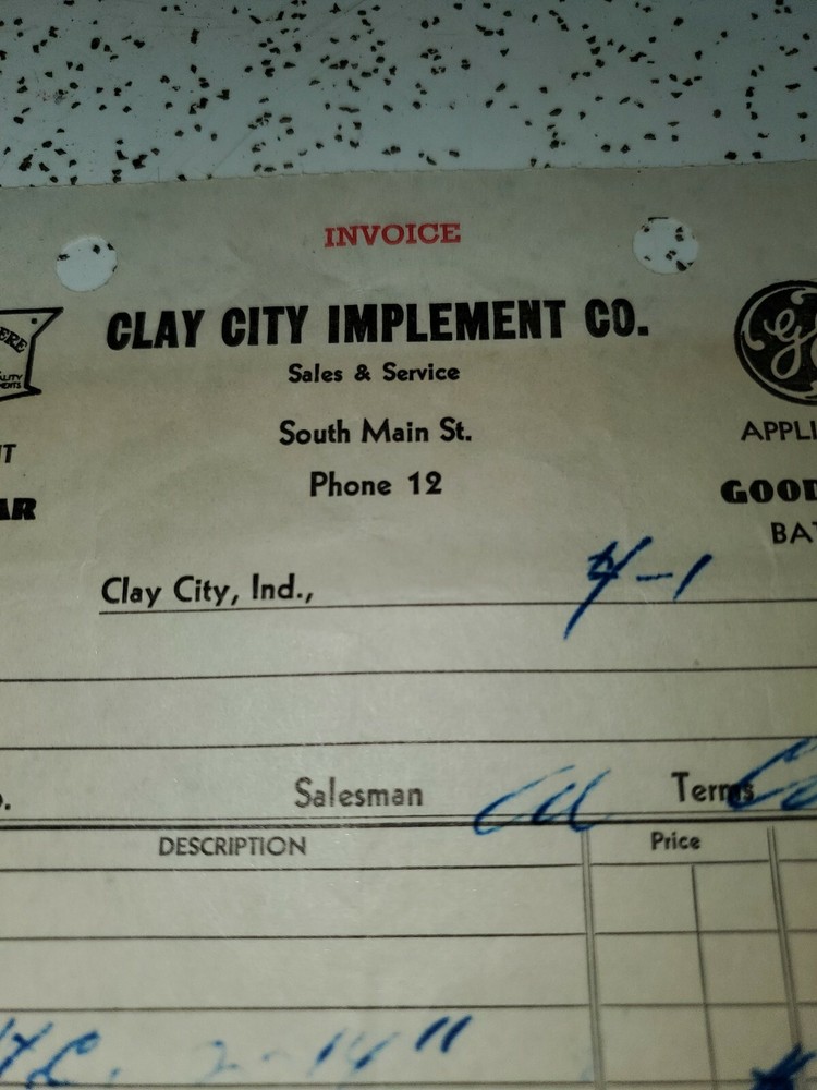1957 Invoice CLAY CITY IMPLEMENT CO. / JOHN DEERE / GOODYEAR / G.E.
