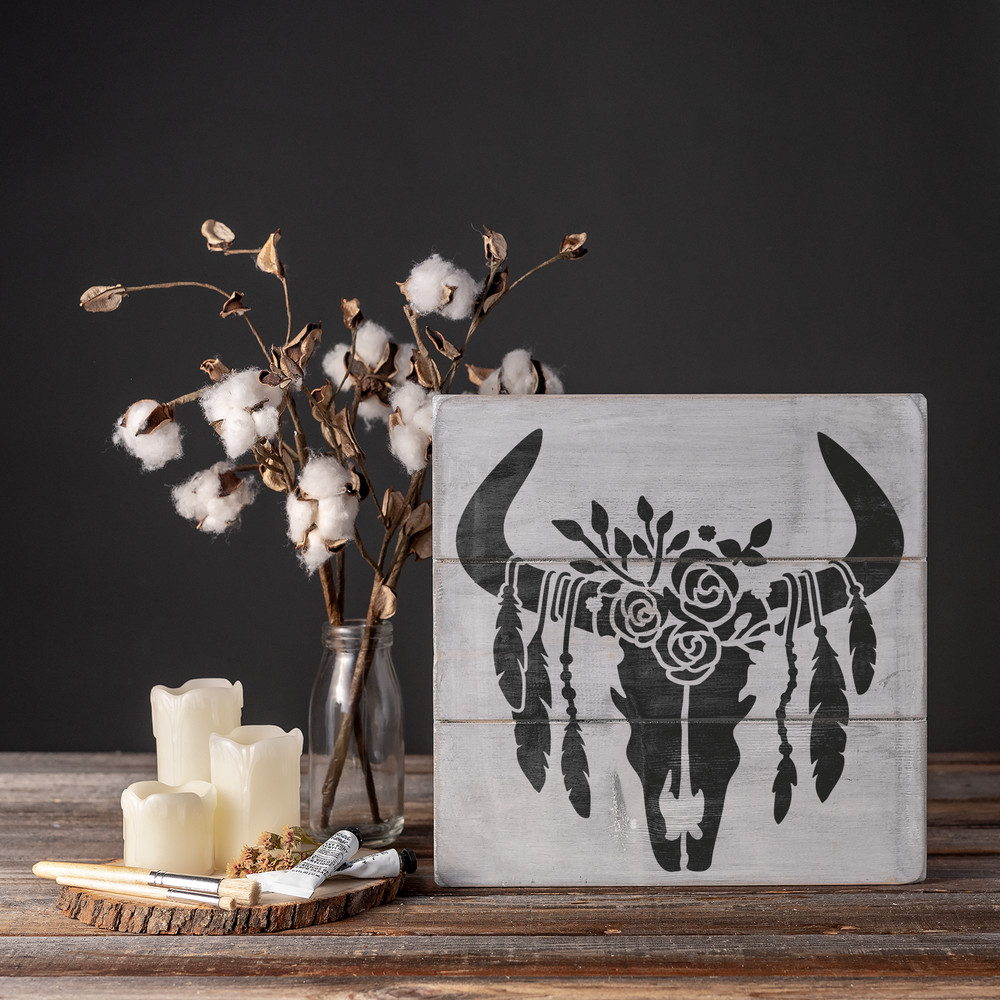 Feathered Cow Skull Stencil - Durable & Reusable Mylar Stencils