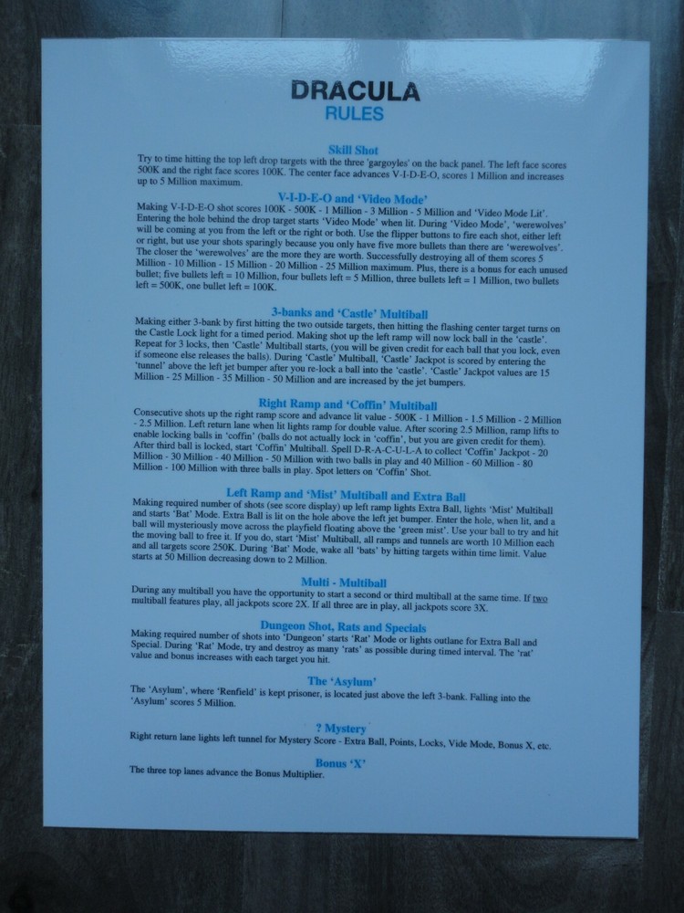 Bram Stoker's Dracula Pinball Machine Rules & Shot Map Mint