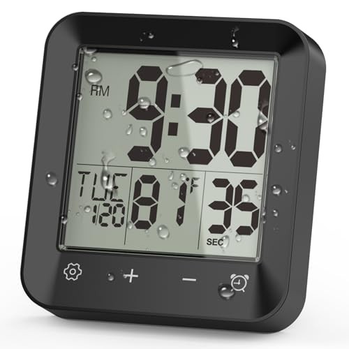 Waterproof Shower Clock Timer, Bathroom Clock with Countdown, Touch Black