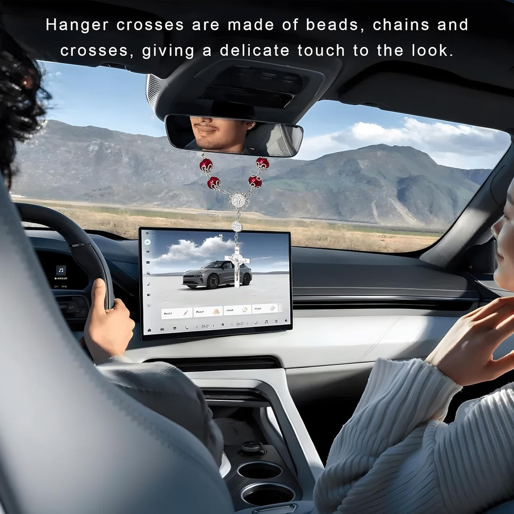 Car Rosary for Rearview Mirror, Personalized Cross Blessing Rosary Beads Hang...