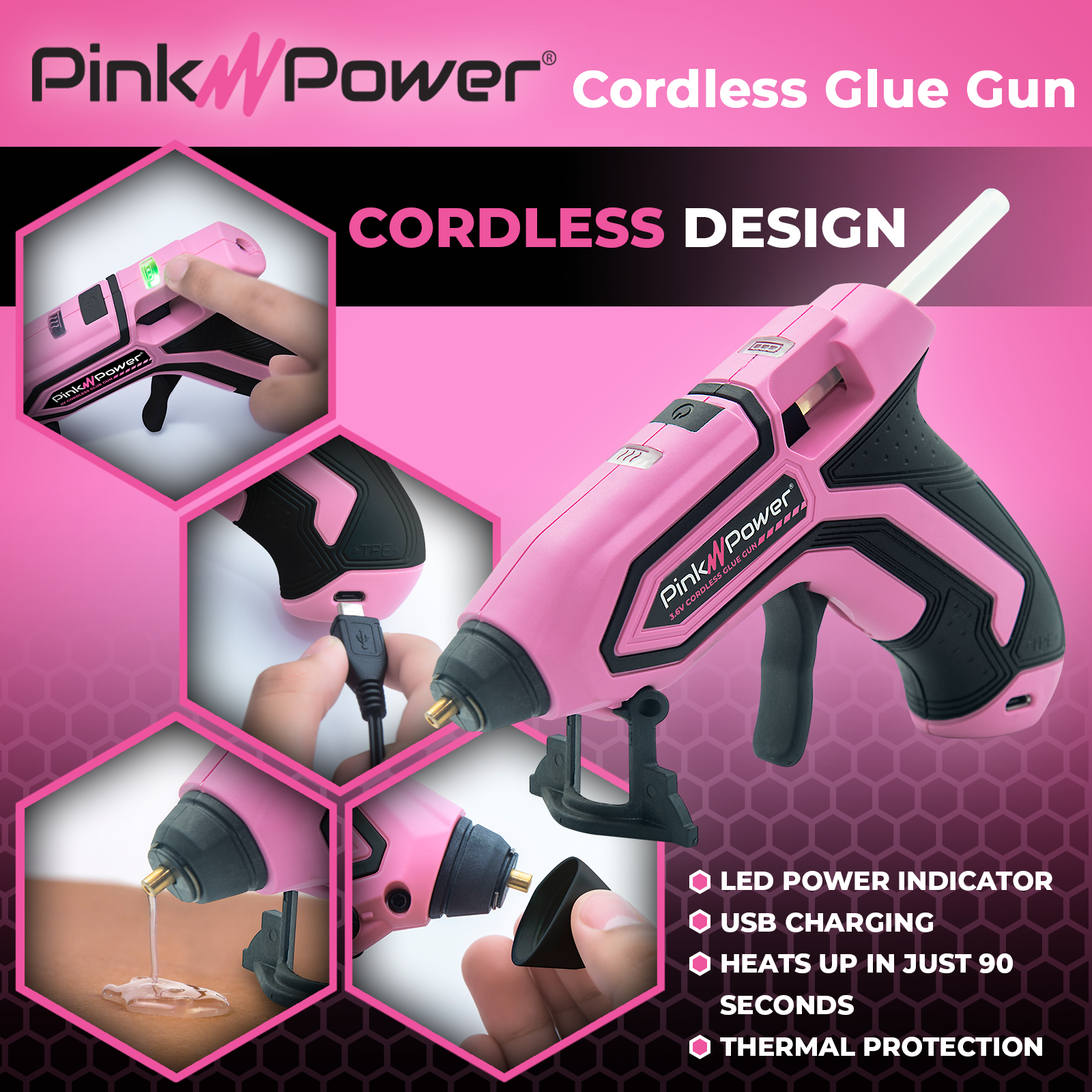 Pink Power Rechargeable Cordless Mini Hot Glue Gun Kit with 20 Glue Sticks