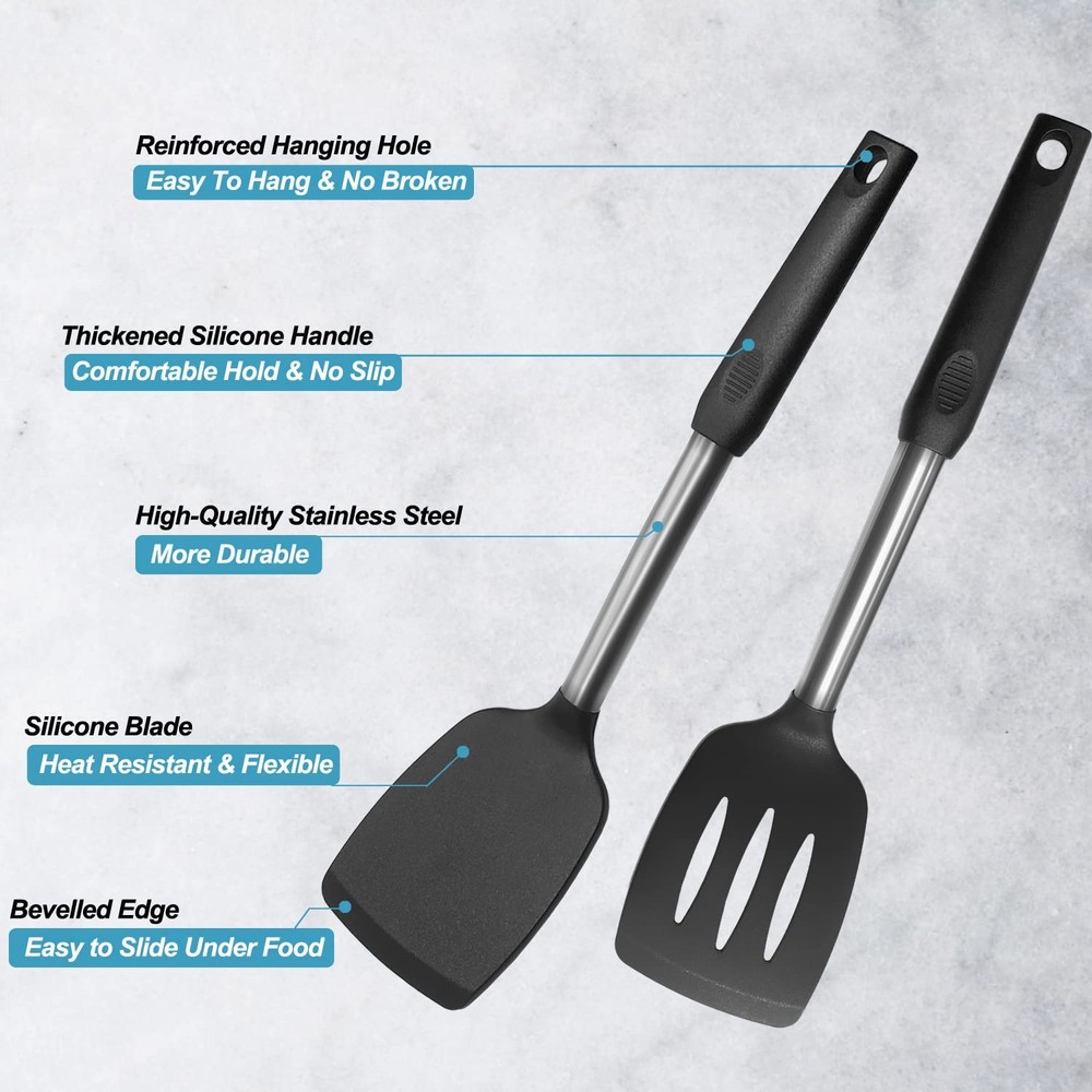 2 Pack Silicone Spatulas Solid Slotted Nonstick Turners Heat Resistant
