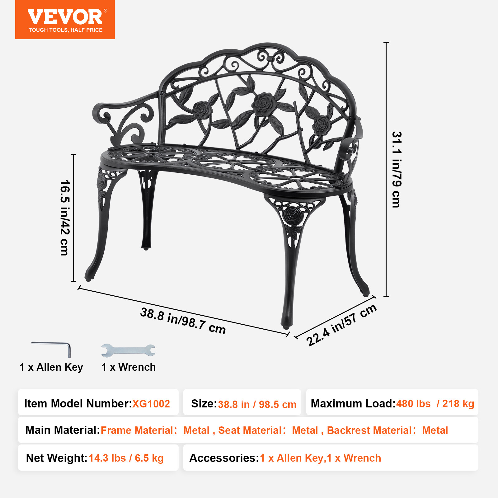 VEVOR Outdoor Bench 38.8in Metal Garden Bench 480lbs Park Patio Yard Porch Bench