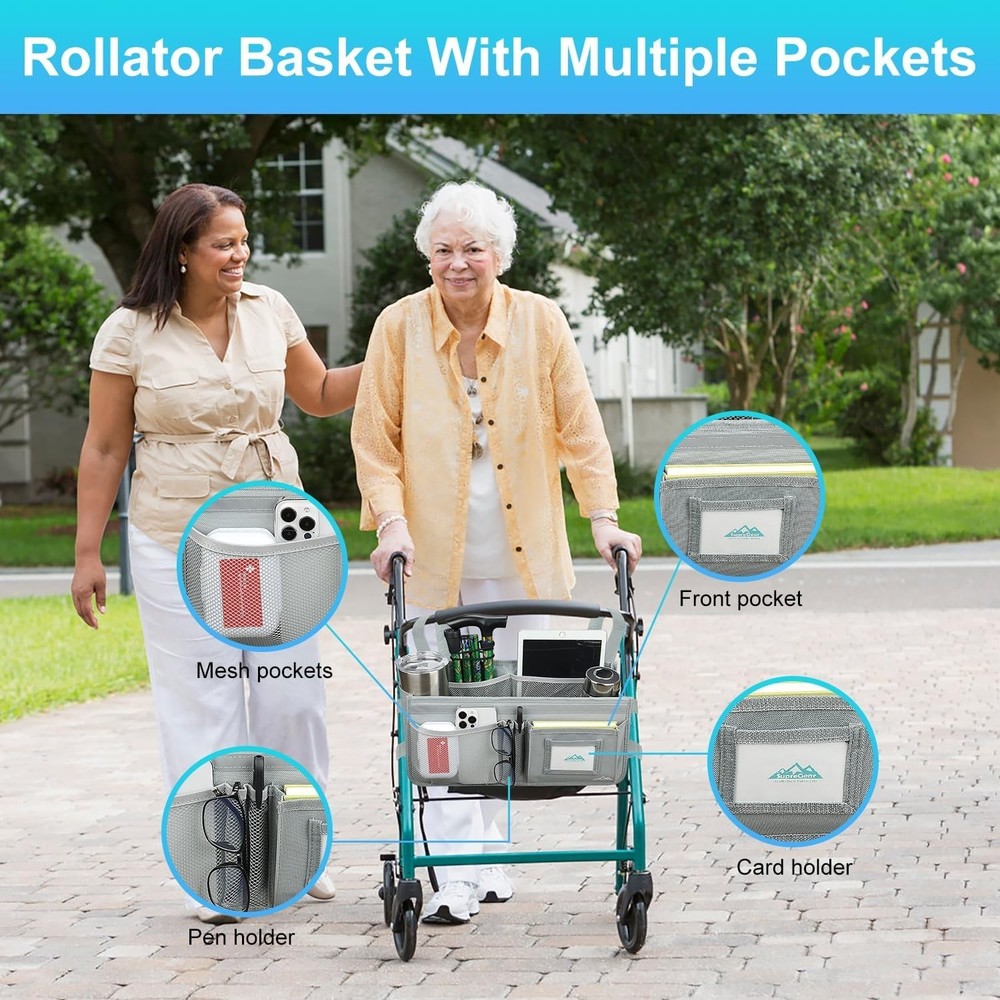 Rollator Basket, Rollator Walker Bag w/Cup Holder, Foldable Rolling Walker Wa...
