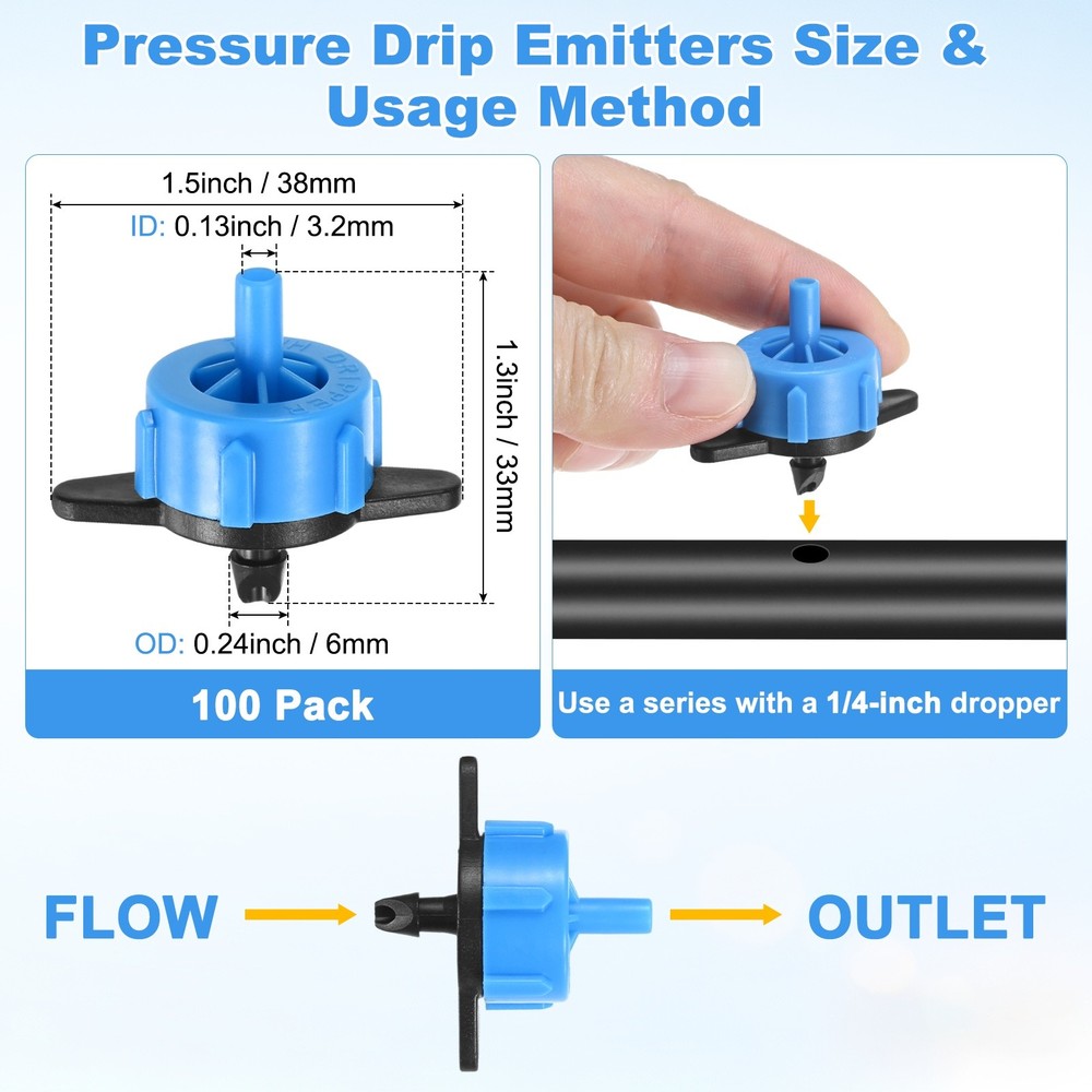 100-Pack Drip Irrigation Emitters, 2 GPH Plastic Irrigation Drippers [Blue]