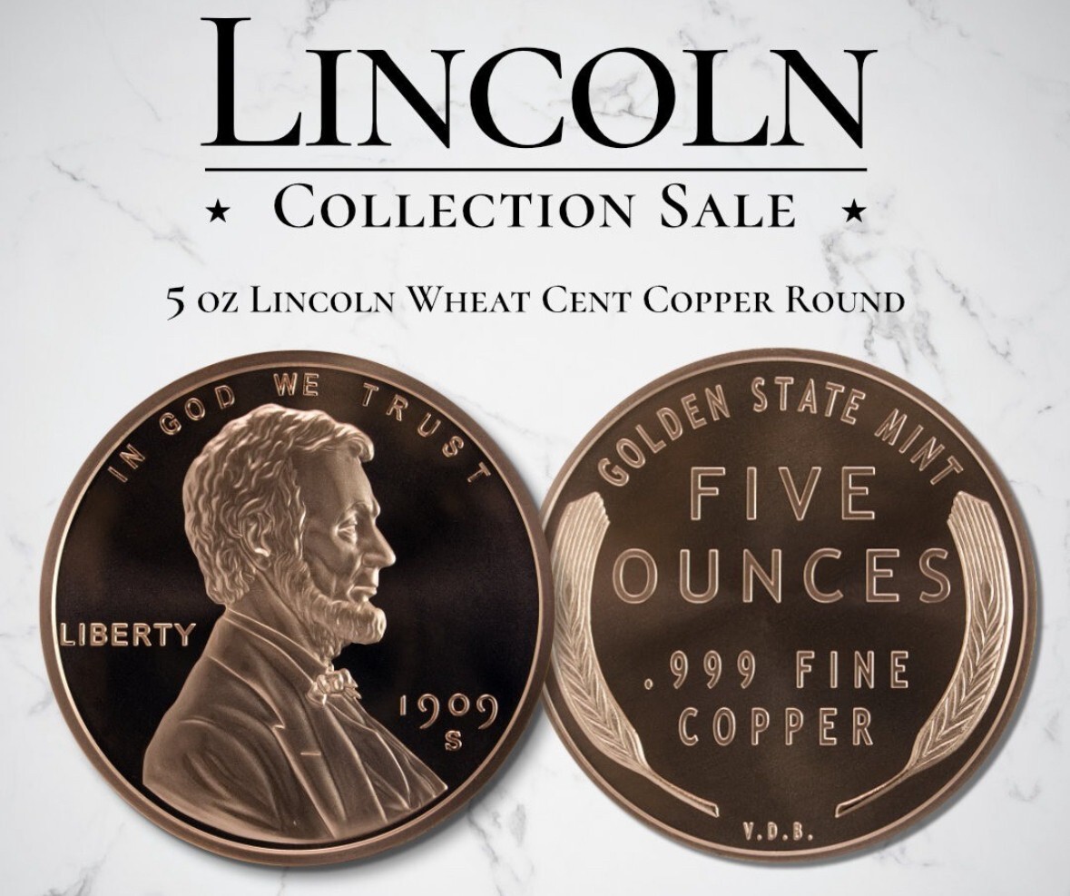 5 oz Lincoln Wheat Cent PENNY .999 FINE Copper Round Golden State Mint BACKORDER