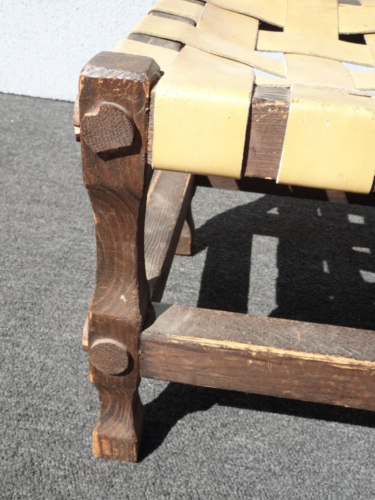 Vintage Rustic Spanish Style Stool Bench with Leather Straps