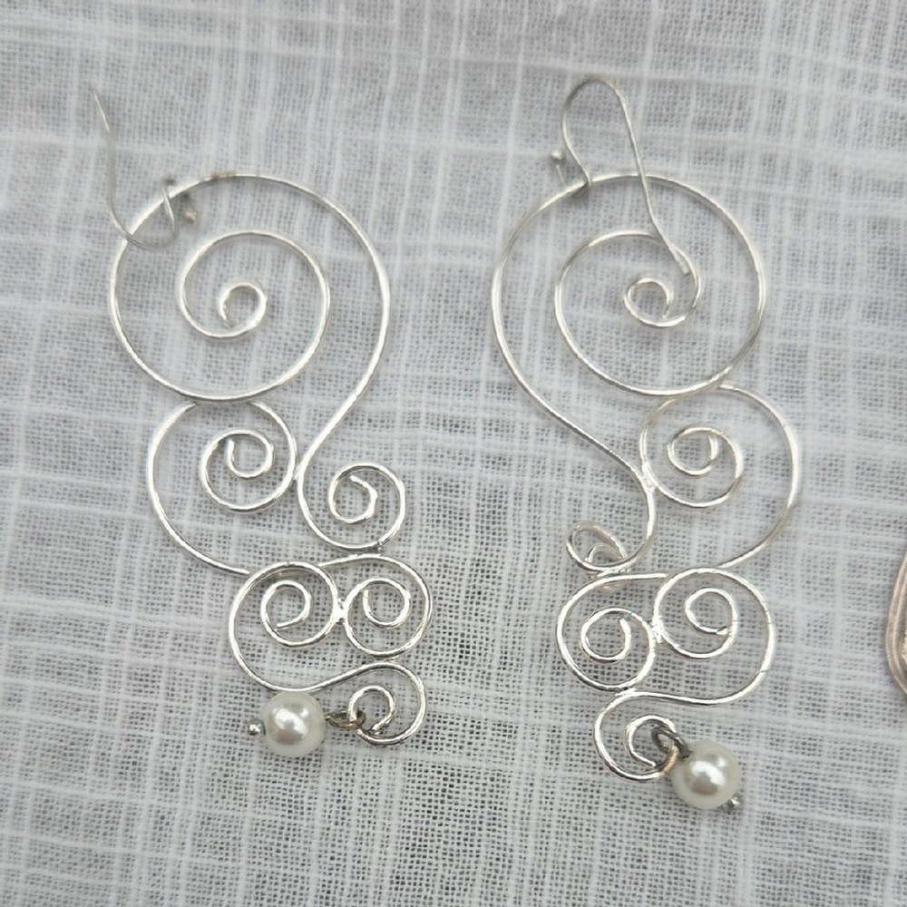 Set 2 Elegant Silver Swirl Earrings with Beads