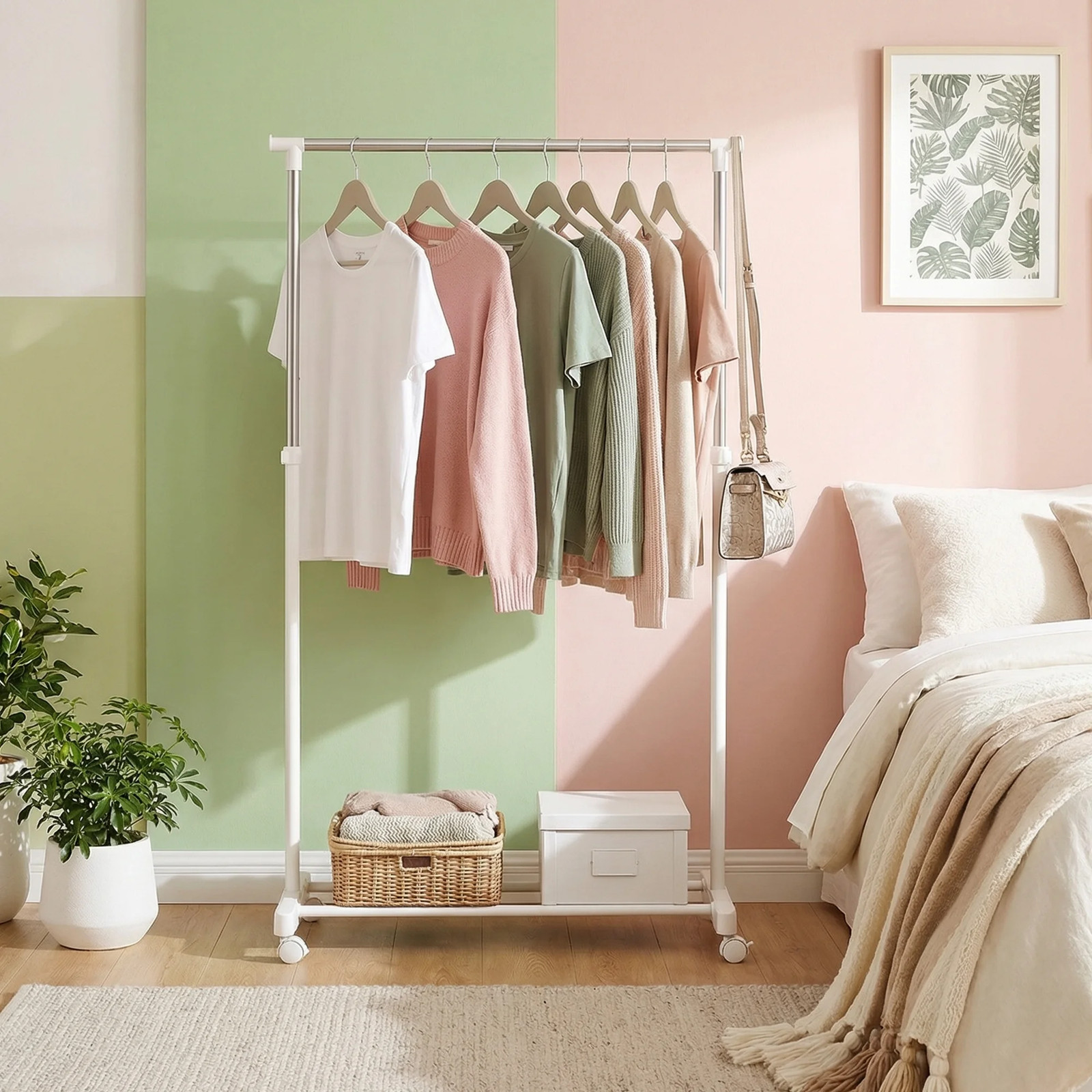 Clothing Rack with Wheels, Adjustable Height Rolling Garment Rack, Rolling Cloth