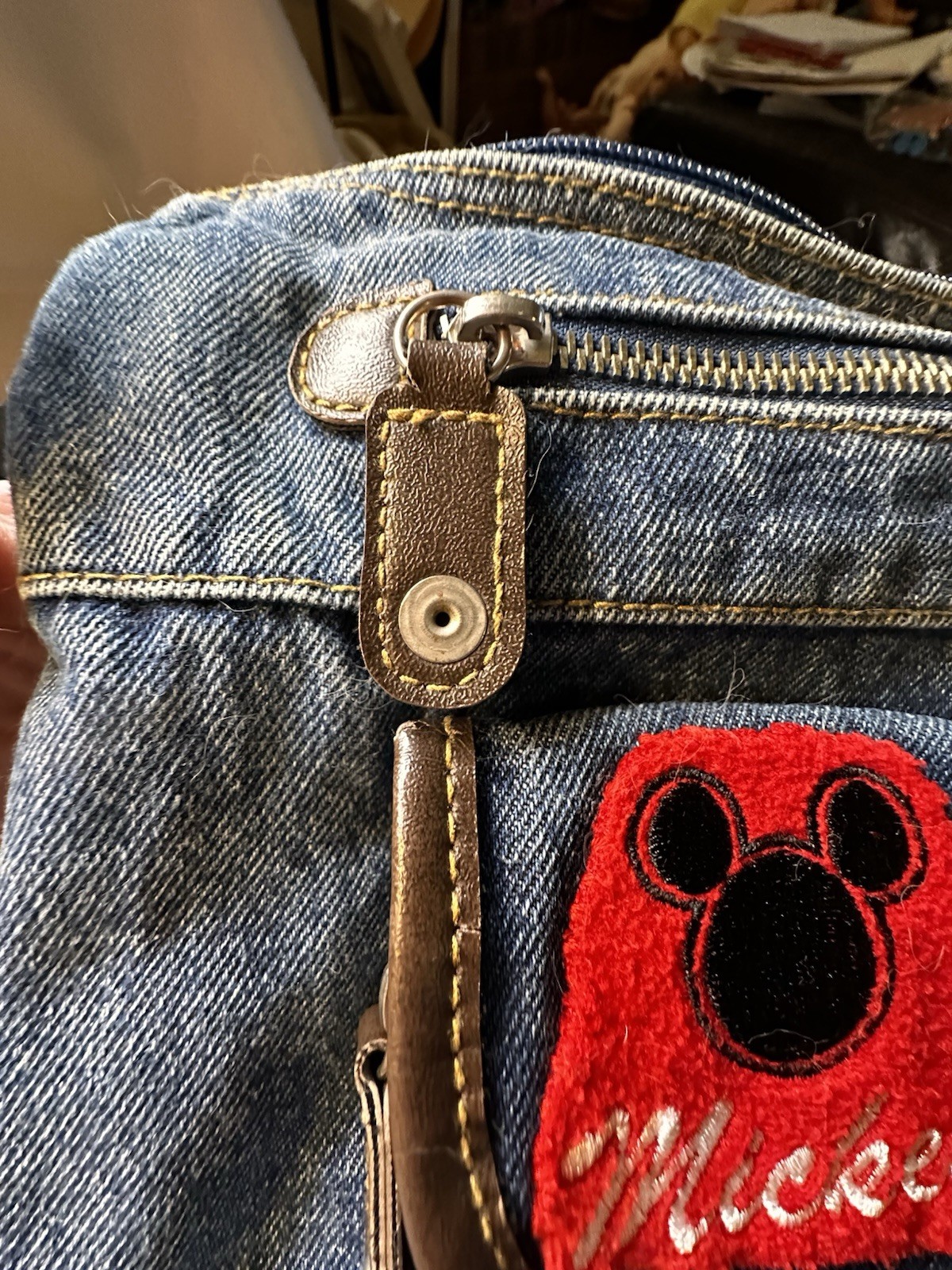 Vtg Mickey Mouse Disney 1990s Dark Denim Jean Purse Bag Patches Zippers READ