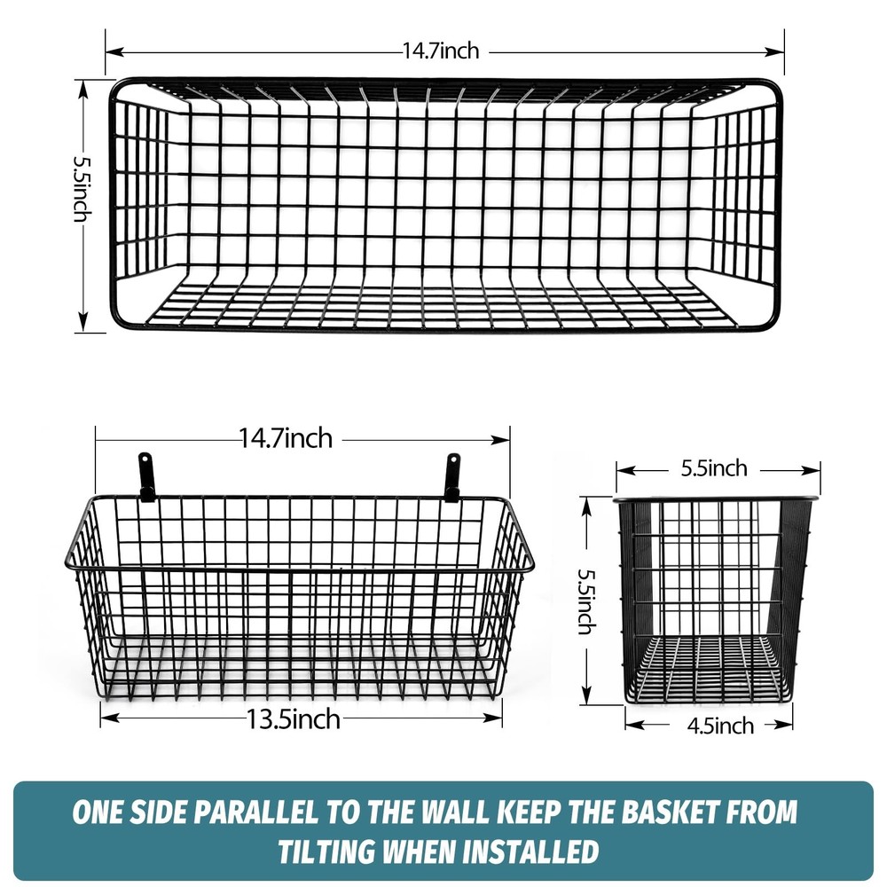 4 Set [EXTRA LARGE] Hanging Wall Mount Storage Baskets Extra Large, Black