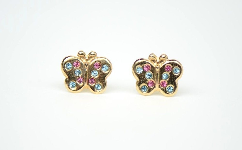 14K Solid Yellow Gold Butterfly Stud Earring with CZ