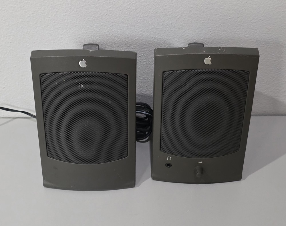 Vintage AppleDesign Wired Apple Computer Speakers M2497 Gray 1993 Pair + Cables