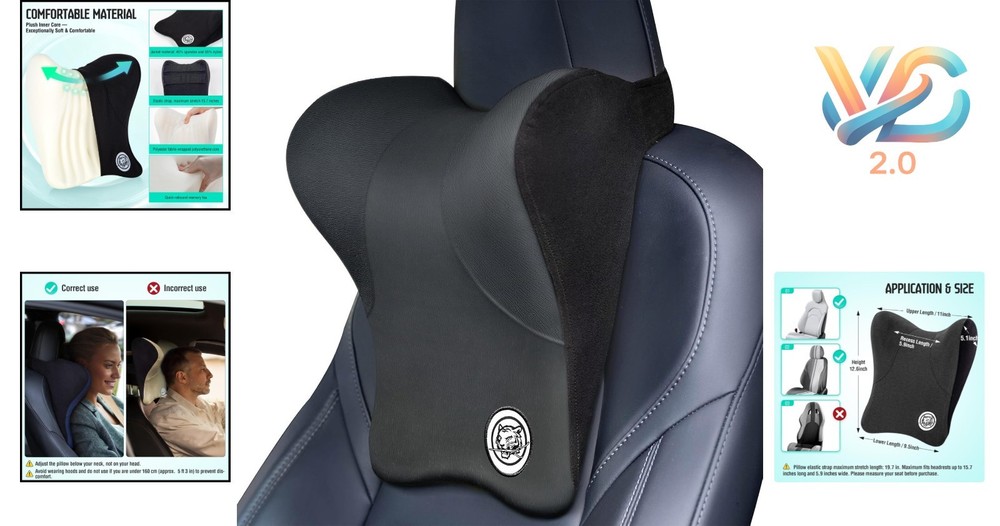 Dark Grey Memory Foam Car Neck Pillow with Adjustable Strap Support