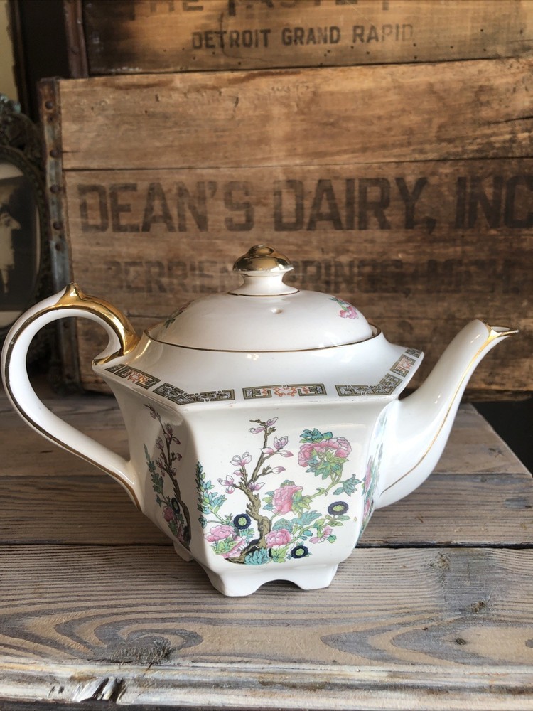 Sadler Teapot Indian Tree Pattern Hexagonal England 4 Cup 1659D Antique Signed
