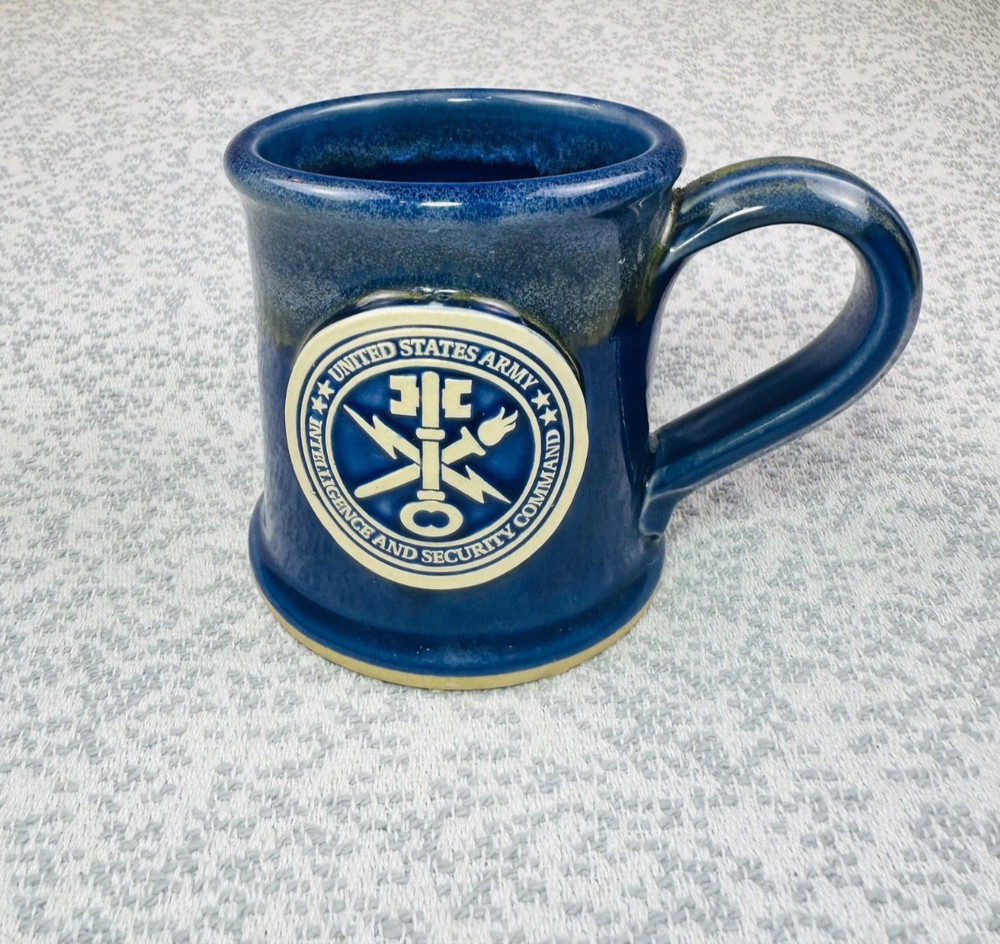 US Army INSCOM Intelligence & Security Command Grey Fox Pottery Mug Blue Glaze