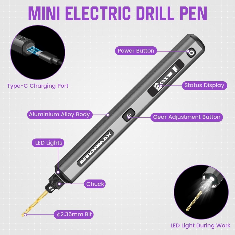 AM ARROWMAX Mini Drill Pen, 5-Speed, LED Lights, OLED Display, Silver