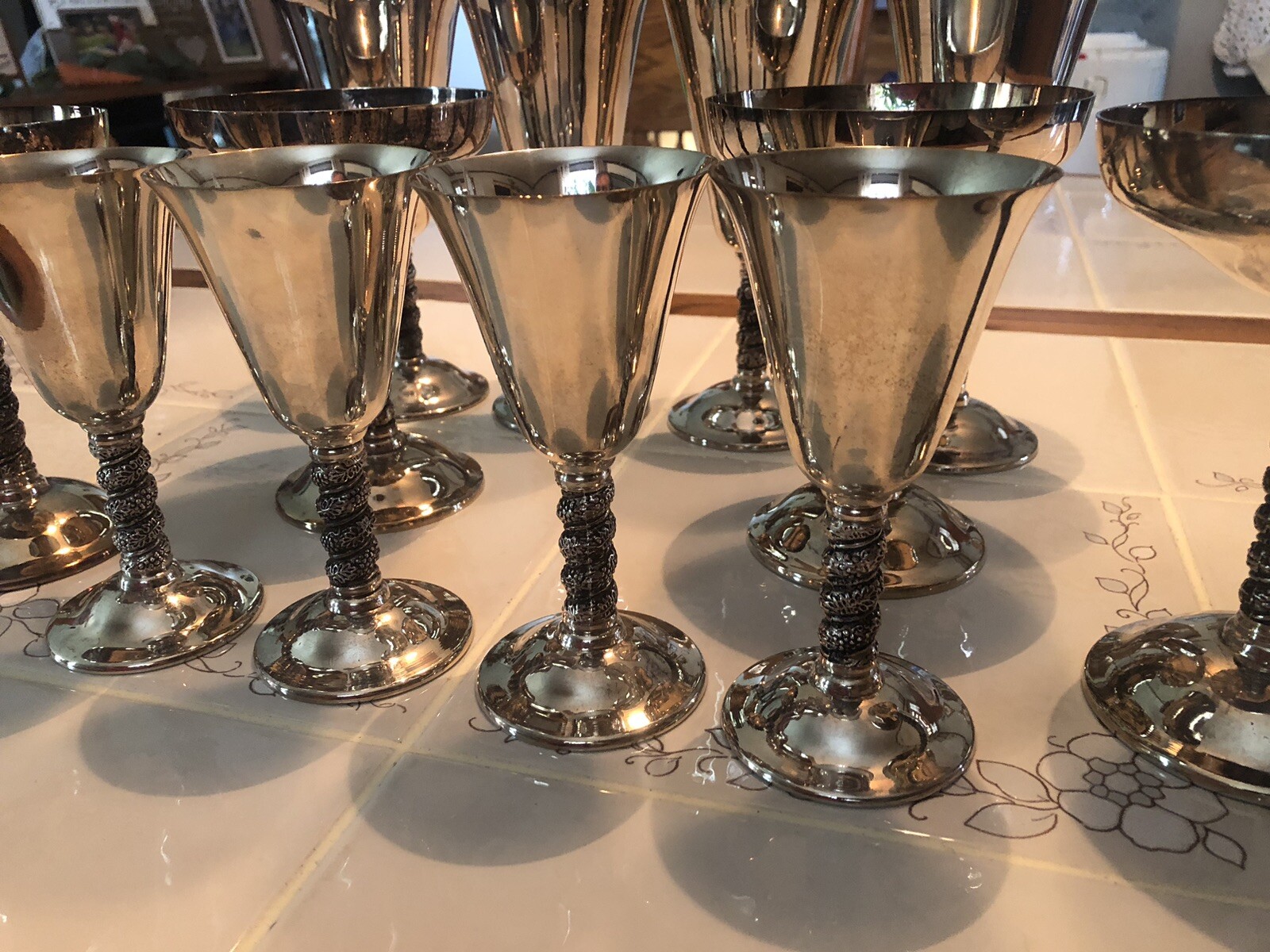 (12) Vintage Alfonso Lara Silverplate Wine Cups Goblets Spain Vine Twisted Stem