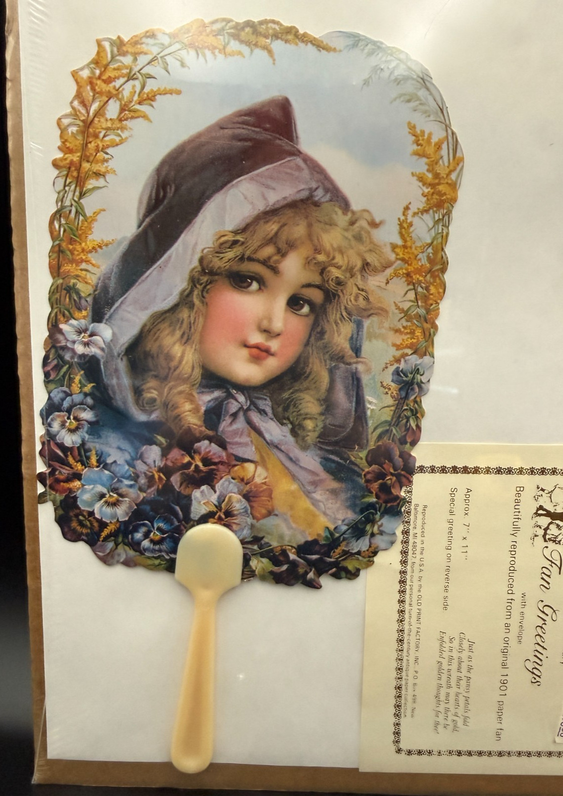 Vtg Old Print Factory Repro 1901 Paper Fan Victorian Girl Turn of the Century