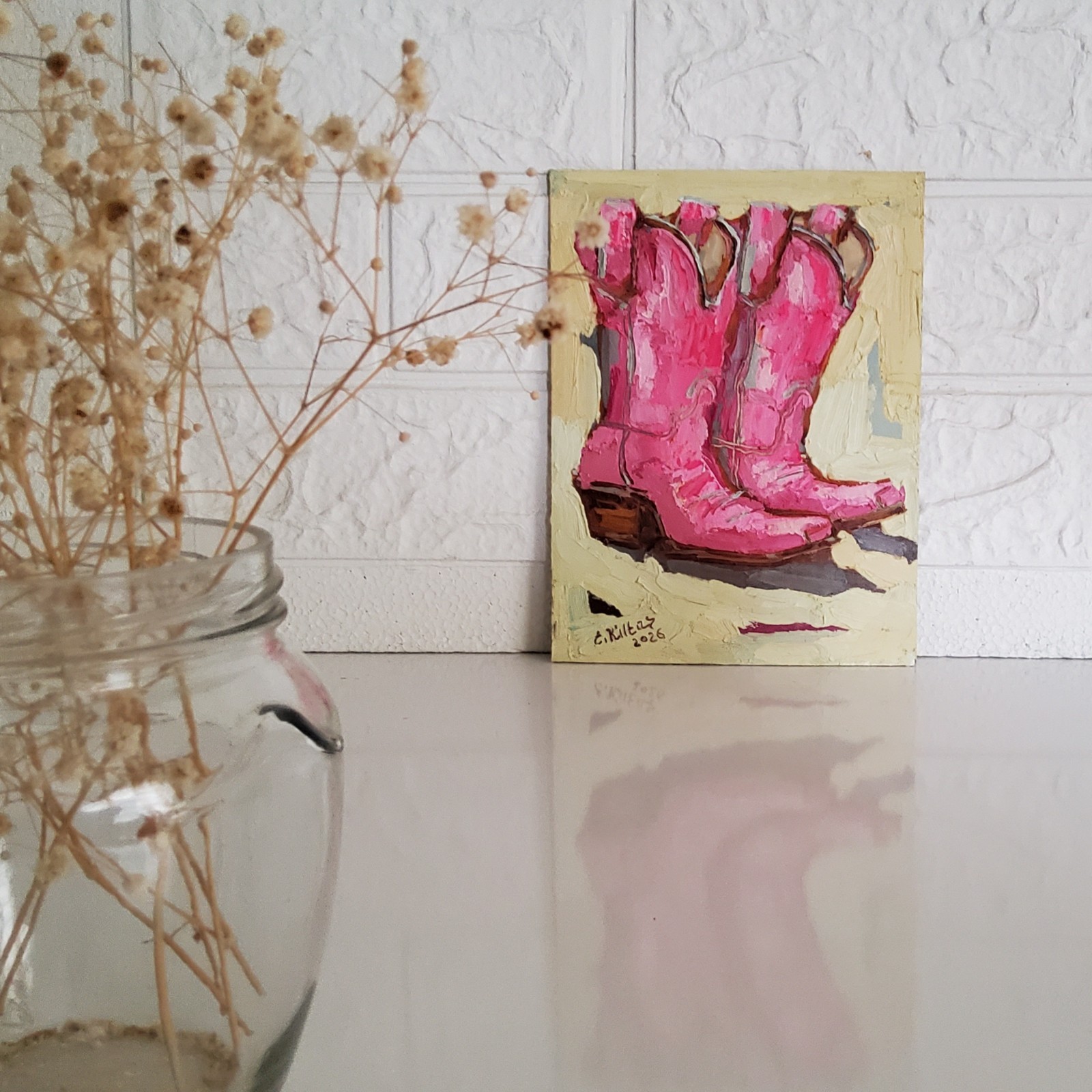 Pink Cowgirl Boots Cowboy Painting Original Oil Art Abstract Modern Wall Artwork