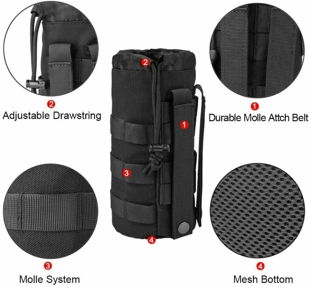 Tactical MOLLE Water Bottle Pouch with Drawstring Open Top & Mesh Bottom Holder