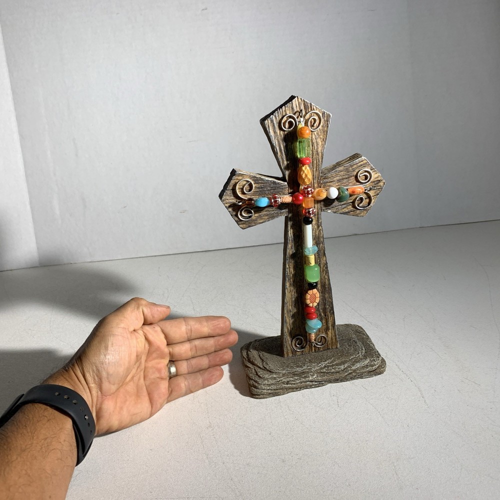 Small Boho Rustic Primitive Style Resin & Beads Standing Decorative Ornate Cross