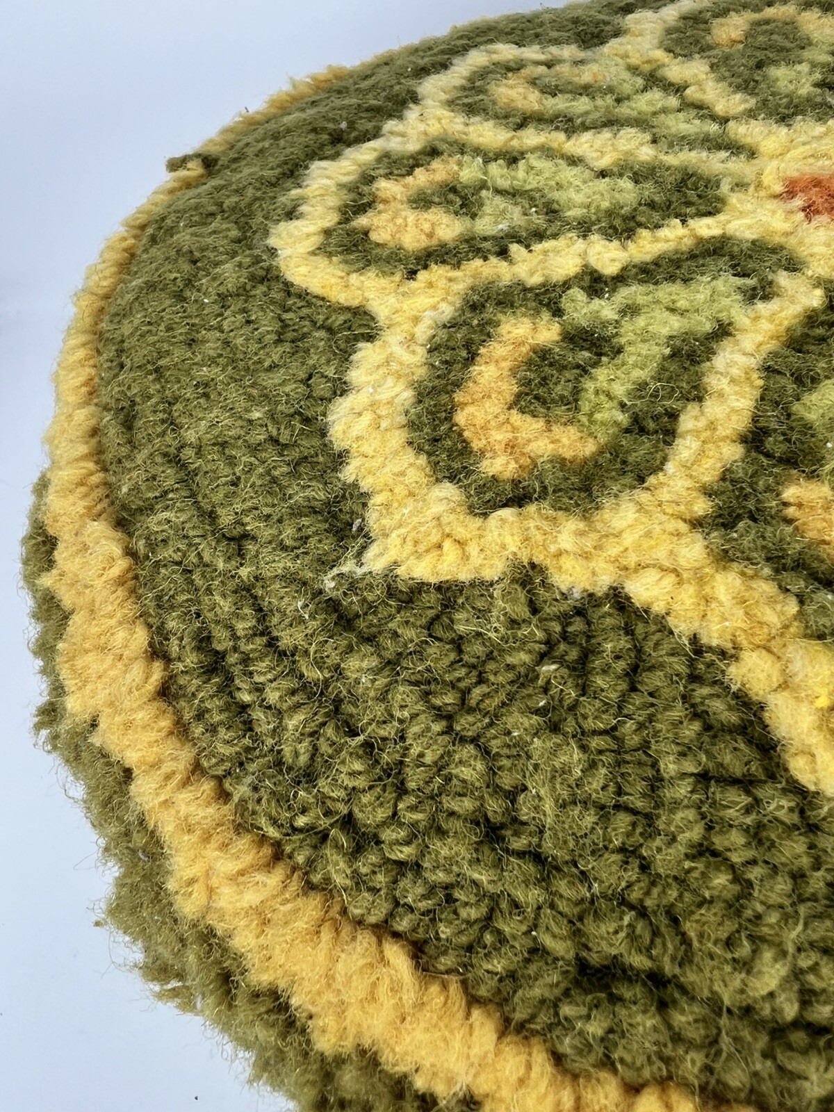 Vtg Round Footstool Floral Hooked Rug Top Wooden Legs MCM 8.75 x 12” Avacado