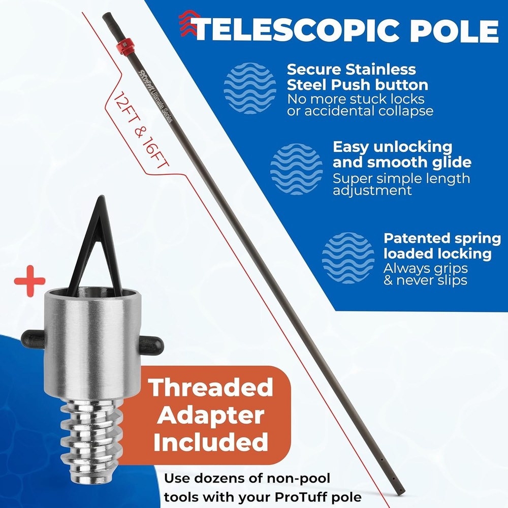 ProTuff 16ft Heavy Duty Telescopic Pool Pole–Unconditional Lifetime Replacement
