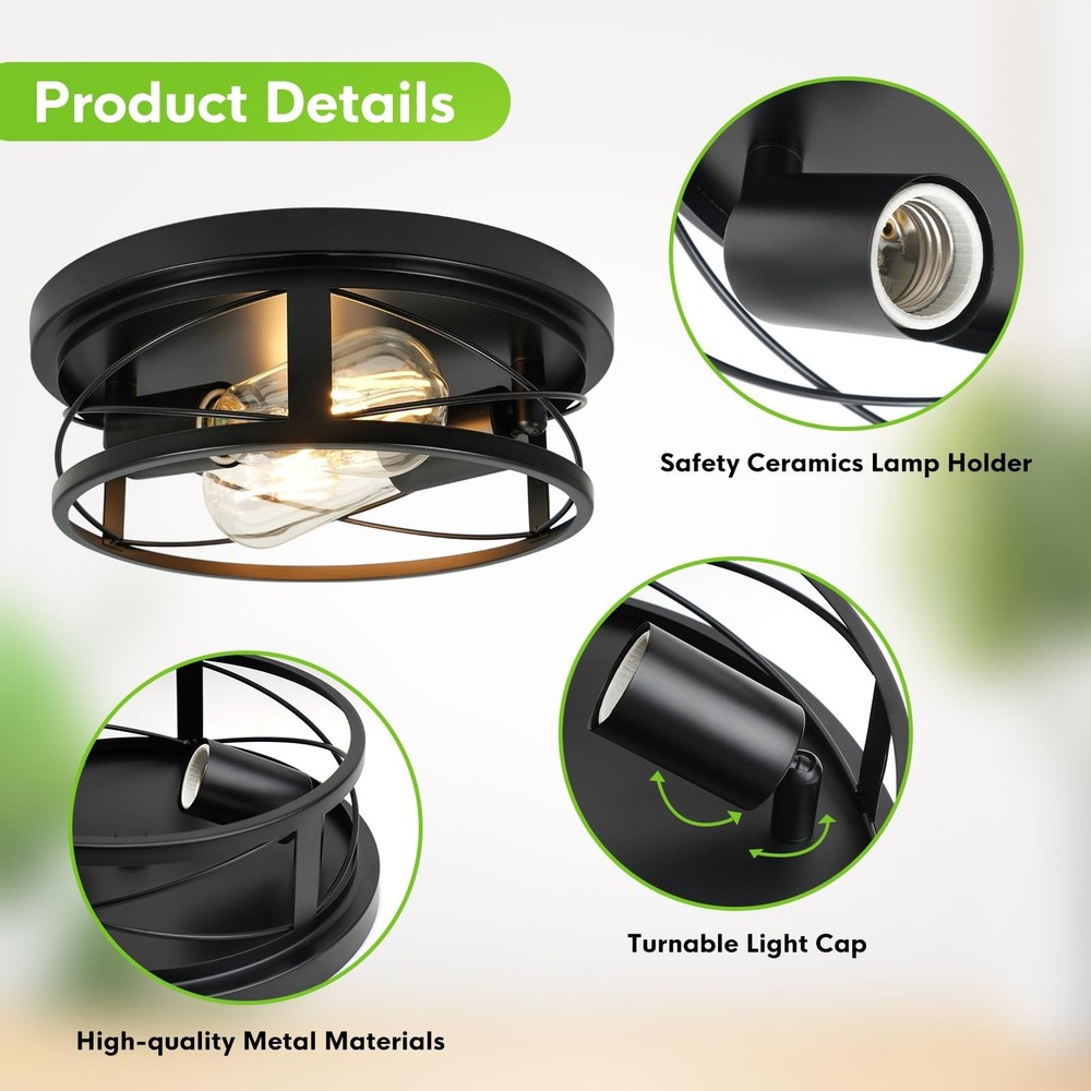 2 Pack Farmhouse Ceiling Light - Dimmable Rustic Black Flush Mount E26(not in...
