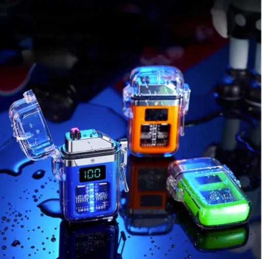 Transparent shell waterproof rechargeable pulse lighter with digital display NEW