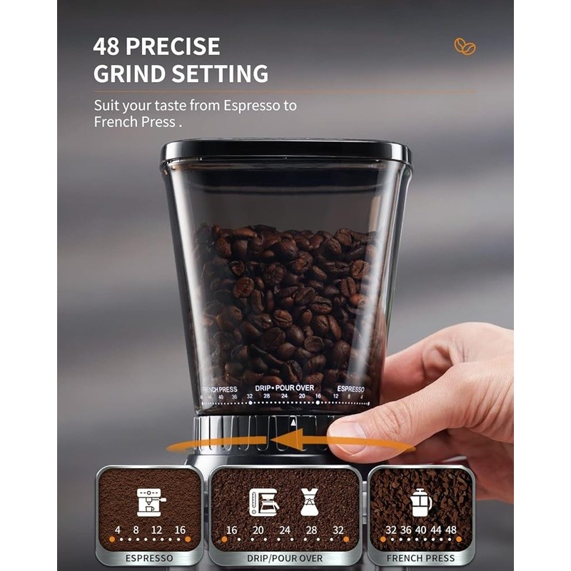 Precision Timer Burr Coffee Grinder 48 Settings Anti Static Large Hopper Silver
