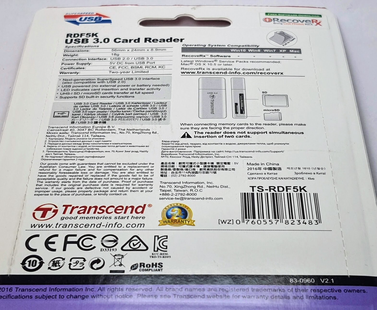 Transcend High-Speed RDF5K USB3.0 SDHC SDXC Micro SDHC Micro SDXC Card Reader SD