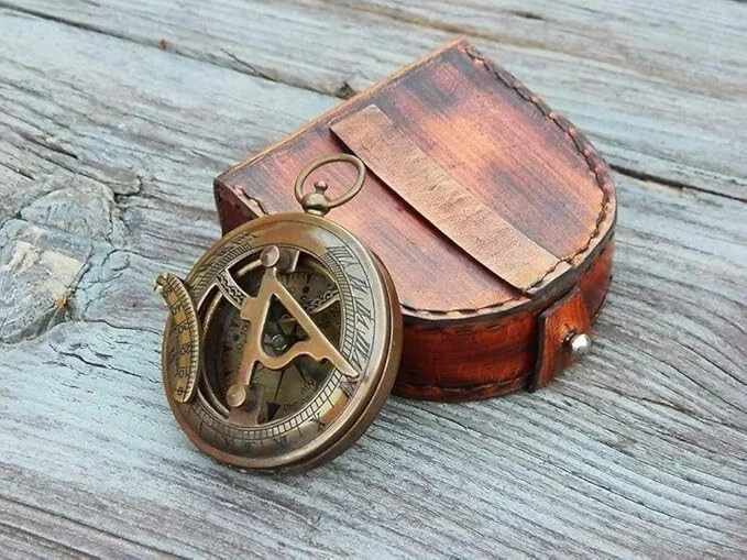 Engraved Solid Brass , Sundial Push Button Compass for Camping, Hiking, Touring