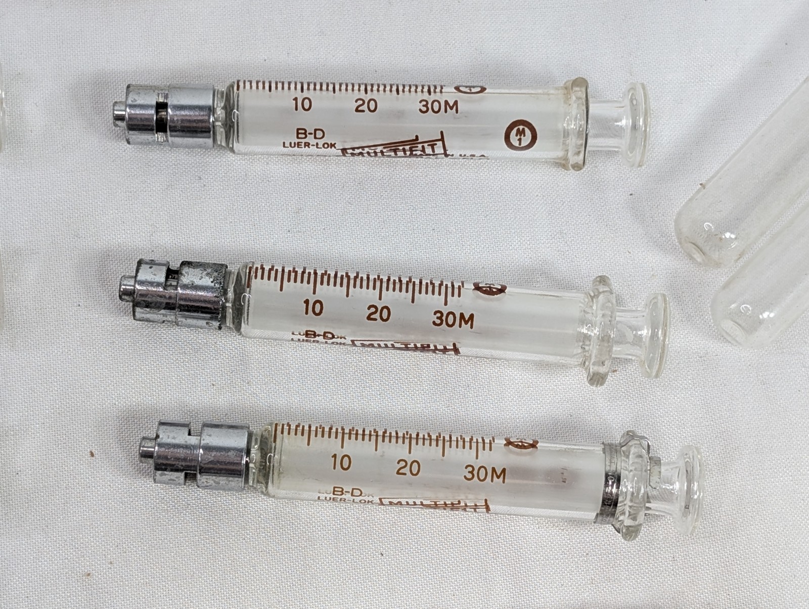 Lot of 7 B-D Luer Lock Multi Fit Glass Hypodermic Syringes NEW ORLEANS HOSPITAL